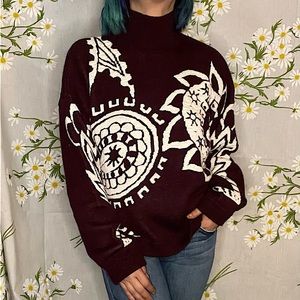 Vintage outlander burgundy red and white paisley high neck turtleneck sweater